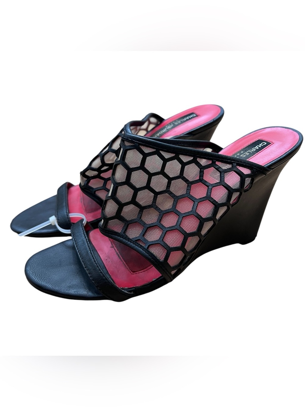 Charles Jourdan Women’s Honeycomb Mesh Wedge Sandals Black Pink Size 8M Designer